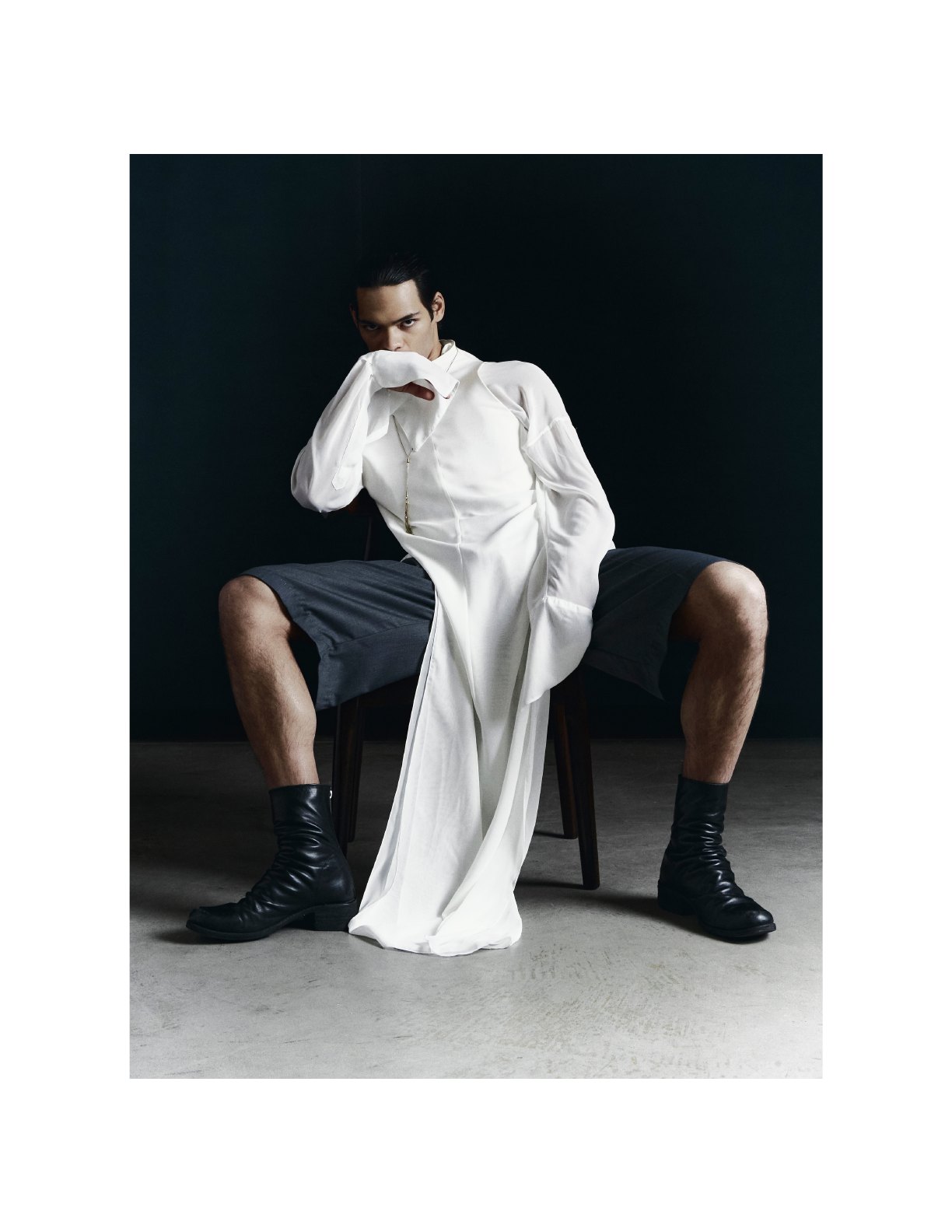 White shirt and black shorts look
